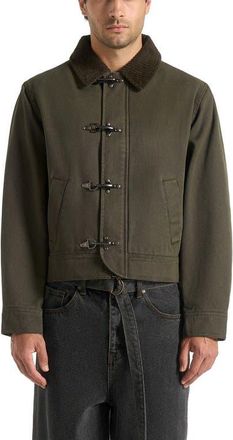 Mani&egrave;re De Voir Nino Clasp Detail Contrast Stitch Gabardine Jacket in Dark Green at Nordstrom, Size X-Large