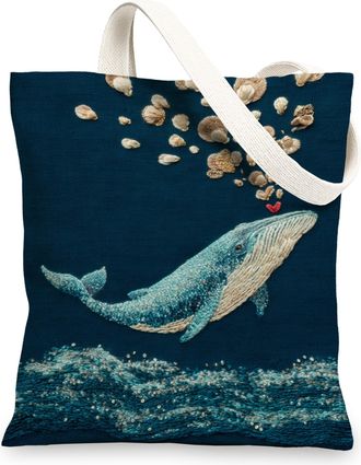 Generic Whale Embroidered Canvas Tote Bag, Ocean-Inspired Reusable Shopping Bags, Lightweight Blue Beach Bags, Blue, 13x15 Inch