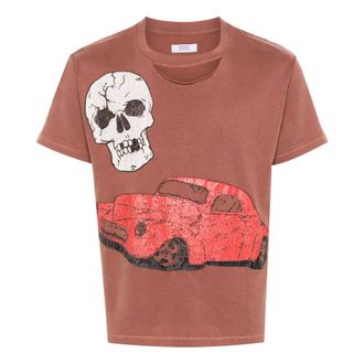 ERL Erl, Tops, Heren, Bruin, M, Katoen, Ripped Collar Skull Car T-shirt Knit