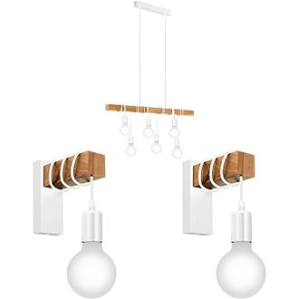 Loops Multi Bulb Ceiling Pendant Light & 2x Matching Wall Lights White & Wood Trendy