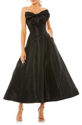 Mac Duggal Strapless A-Line Tea Length Statement Bow Midi Dress in Black at Nordstrom, Size 14