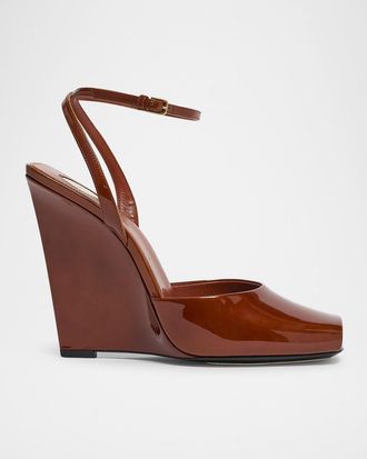 Saint Laurent La Scandale Glossy Ankle-Strap Wedge Sandals