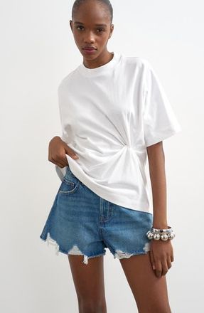 Topshop Distressed Denim Cutoff Shorts in Medium Blue at Nordstrom, Size 14 Us