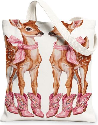 Generic Vintage Deer Canvas Tote Bags, Fanciful Animal Art Pattern Reusable Grocery Bags, Lightweight Washable Shoulder Strap, White, 13x15 Inch