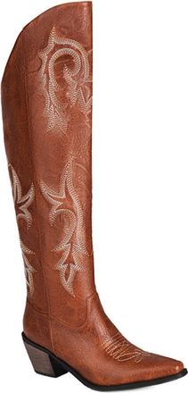 Generic Womens Over-The-Knee Cowboy Boots Decorative Embroidery Pointed Toe Block Heels Textured Upper Soft Lining Cushioned Insole Durable Outsole,Brown,4.5 