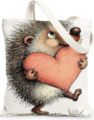 Generic Cute Hedgehog Canvas Tote Bags, Fanciful Animal Heart Pattern Reusable Grocery Bags, Lightweight Washable Shoulder Strap Ca, White, 13x15 Inch