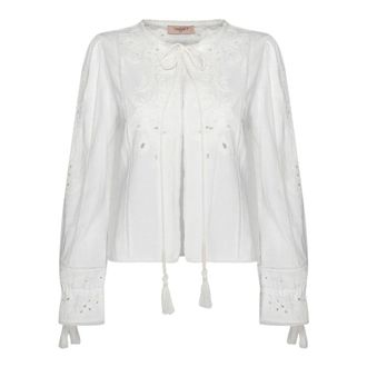 Twinset Blouses, female, White, Size: XL White Cotton Linen Shirt with Pintuck Embroidery