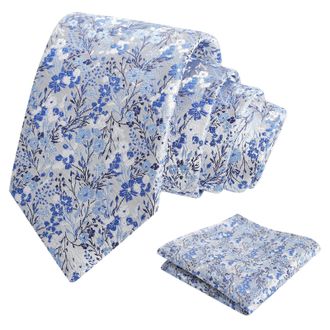 Alizeal Mens 8cm Colorful Floral Necktie and Pocket Square Classic Wedding Tie and Hanky Set, Silver+Royal Blue