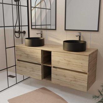 Aurlane Aurlane - Mueble De Ba&ntilde;o 140cm Roble - 4 Cajones Y M&oacute;dulo - Lavabos Negros &Oslash;36cm