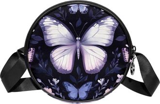 Generic Circle Crossbody Bag for Women, Purple Butterfly Small Sling Bag Daypack with Zipper Adjustable Shoulder Straps Casual Ladies Girls Round Purse