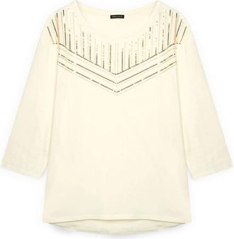 Fiorella Rubino Cotton T-shirt met pailletten - Dames - Longsleeves - Wit - XL - Pailletten - Tops