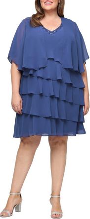 S.L. Fashions Tiered Ruffle Chiffon Dress with Jacket in Wedgewood at Nordstrom, Size 18W