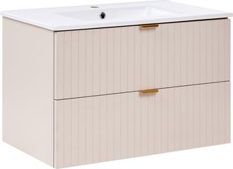 Beliani Mueble De Pared Para Ba&ntilde;o Con Lavabo 2 Cajones Frente Acanalado Tiradores Dorados Mueble Suspendido Beige Totorani