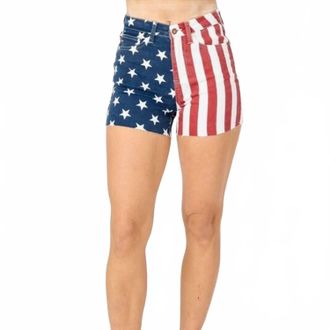 Judy Blue High-Waist American Flag Fray Hem Shorts In Red White Blue
