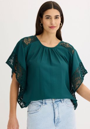 Bonprix Langarmbluse BONPRIX, Damen, Gr. 36, gr&uuml;n (tiefgr&uuml;n), Obermaterial: 100% Polyester. Spitze: 100% Polyester, figurumspielend, Blusen Langarmbluse, figu