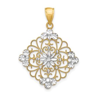 Diamond2Deal 14k Yellow Gold and White Rhodium Diamond-cut Filigree Medallion Charm Pendant