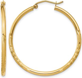 Diamond2Deal 14k Gold Satin & Diamond-cut 2x35mm Round Hoop Earrings