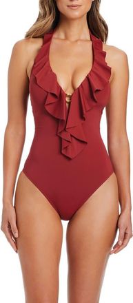 Bleu Rod Beattie Ruffled Plunge Neck Halter One-Piece Swimsuit in Barcelona Red at Nordstrom, Size 12