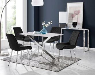 Furniturebox Leonardo White Glass Marble Effect Silver Leg Table & 4 Pesaro Silver Chairs in Black