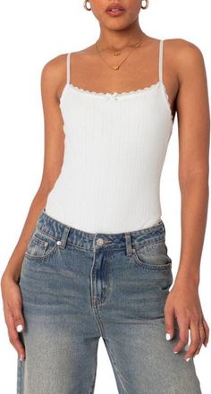 Edikted Krysten Pointelle Lace Trim Bodysuit in White at Nordstrom, Size X-Large