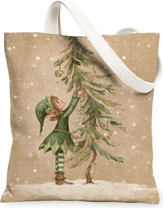 Generic Christmas Tree Vintage Fanciful Canvas Tote Bags, Festive Holiday Design Lightweight Washable Shoulder Strap Reusable Groce, Green, 13x15 Inch