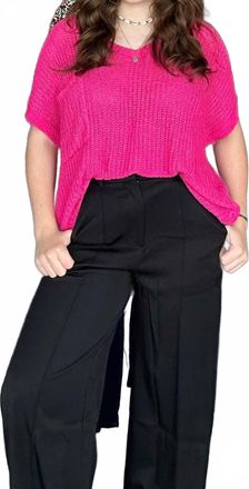 She + Sky Short Sleeve Wide Shoulder Loose Knit Sweater With Front Pocket In Fuchsia