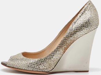 Jimmy Choo London Metallic Coarse Glitter Baxen Peep Toe Wedge Pumps