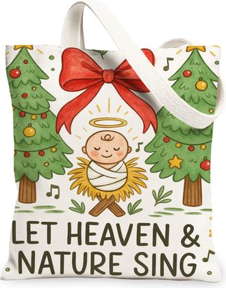 Generic Christmas Nature Canvas Tote Bags, Holiday Tree and Angel Design Reusable Grocery Bags, Vintage Lightweight Washable Should, White, 13x15 Inch