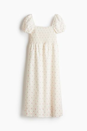 H&M Baumwollkleid mit Puff&auml;rmeln - Cremefarben/Gebl&uuml;mt