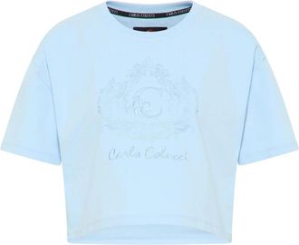 Carlo Colucci Cropped Oversize T-shirt - Dames - T-shirts - Blauw - L - Katoen - Tops