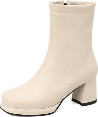Generic Womens Minimalist Soild Color Ankle Boots Fashion Square Toe Block Heel Platform Shoes with Side Zipper (Beige,5.5)