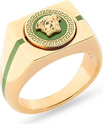 Versace Mens Enamel Medusa Signet Ring in Versace Gold Green Grass at Nordstrom, Size 10.5
