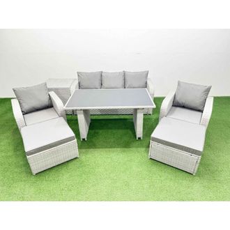 Fimous Outdoor Rattan Garden Furniture Dining Set 7-seater Patio Rectangular Table 3 Seater Sofa Reclining Chair Set with Side Table 2 Small Stools - Fimous