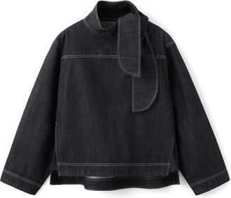 Mango Sila Tie Neck Denim Top in Black at Nordstrom, Size 6