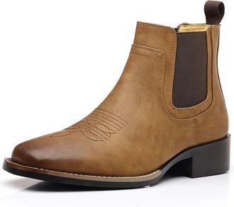 Generic Cowboy Boots for Men Square Toe, All-Weather Slip-On Work & Casual Western Chelsea Boots for Men,Brown,4.5 UK