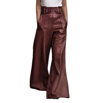 Generic Womens Faux Leather Pants, High Waist Pleated Wide Leg Flare Pants with Pockets Stylish Trousers for Going Out Party (Burgundy,XXL)