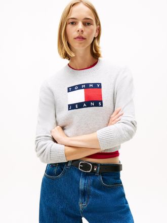 Tommy Jeans Strickpullover TOMMY JEANS TJW SPARKLE FLAG SWEATER EXT, Damen, Gr. XL (42), lt grau htr, Strick, Obermaterial: 53% Baumwolle, 29% Polyester, 16% Poly