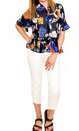 Multiples Floral Peplum Top In Navy