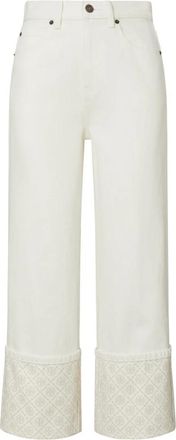 Tory Burch Contrast Cuff Straight Leg Jean - Dames - Wijde Broeken - Wit - W26 - Katoen - Broeken