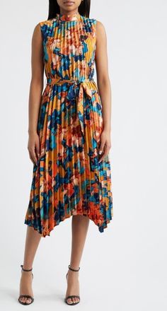 Tahari by ASL Abstract Print Pleated Belted Dress in Rust/Teal at Nordstrom, Size 12