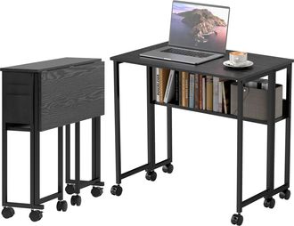 HOMCOM 80 Cm Folding Desk With Storage Shelf And Drop Leaf On Wheels - Black