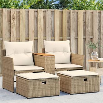 vidaXL Sof&aacute; De Jard&iacute;n 2 Plazas Con Toldo Y Taburetes Rat&aacute;n Pe Beige Vidaxl