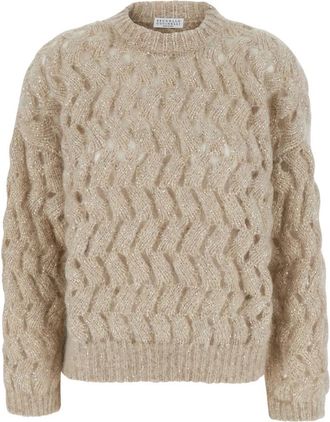 Brunello Cucinelli Trui met ronde hals - Dames - Ronde hals truien - Beige - S - Wol - Truien & Vesten