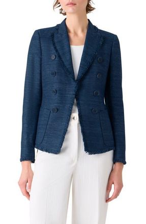 Akris Fringe Silk & Cotton Shantung Jacket in Dark Blue at Nordstrom, Size 10
