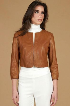 D'Arienzo Giacca corta bolero in pelle cuoio girocollo effetto vintage DArienzo, Seleziona Taglia S, Colore Cuoio