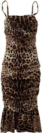 Dolce & Gabbana Jurk met luipaardprint en ruches - Dames - Feestkleedjes - Bruin - 2XS - Katoen - Kleedjes