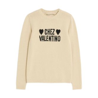 Valentino Round-neck Knitwear, female, Beige, Size: S Heart Embroidered Crew Neck Sweater