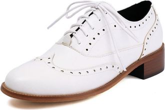 Generic Womens Block Heel Round Toe Brogues - Adjustable Lace-Up Formal Shoes for Work Commute & Events,White,5.5 UK