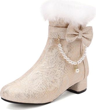 Generic Womens Faux Fur Lined Ankle Boots Round Toe Chunky Block Heels Bow Pearl Chain Comfortable Non-Slip Wear-Resistant for Tea Party Lolita Outfit Casual 