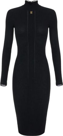 Elisabetta Franchi Geribbelde gebreide midi-jurk met logodetail - Dames - Jurken - Zwart - Maat: S Zijde